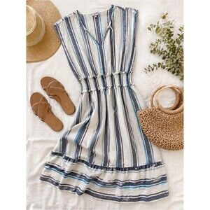 Rails Linen Blend Striped Midi Dress Smocked Waist Blue White Teal Small